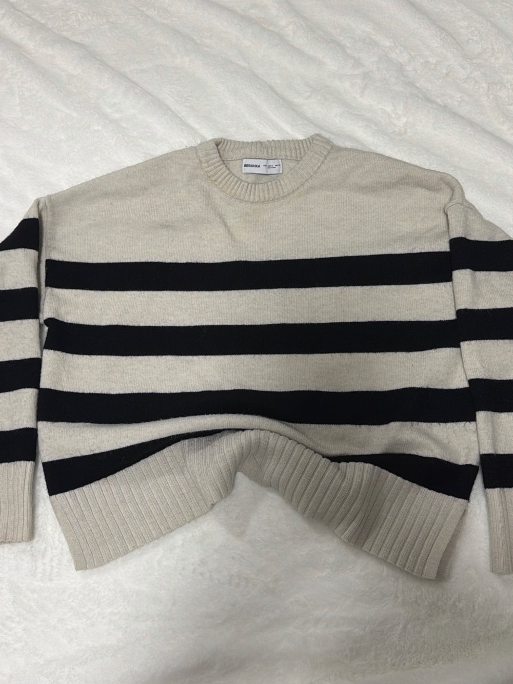 Bershka Cream and Black Striped Crewneck Sweater